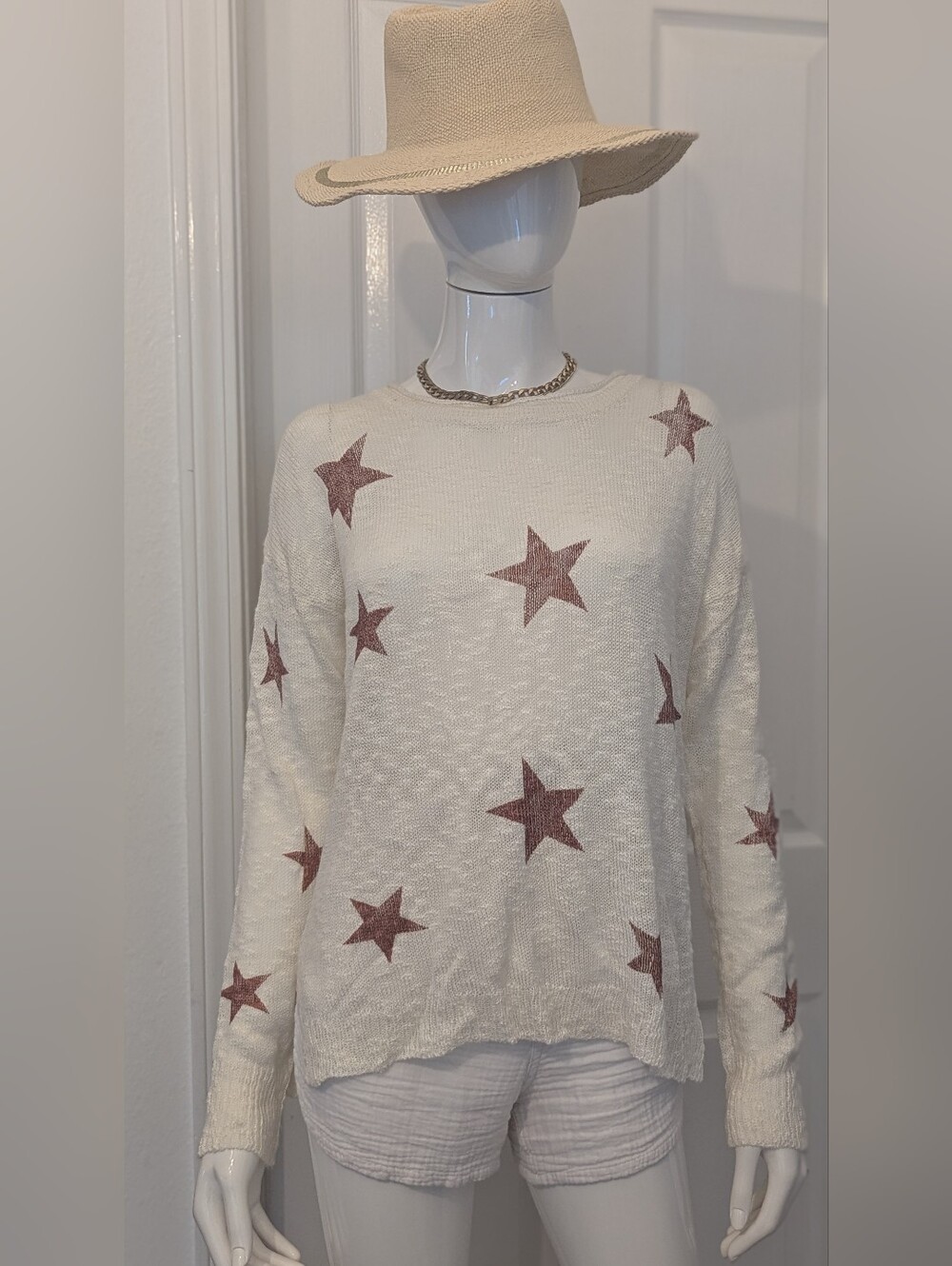 Hem And Thread Cream Star Pattern Lightweight Spring Summer Sweater M